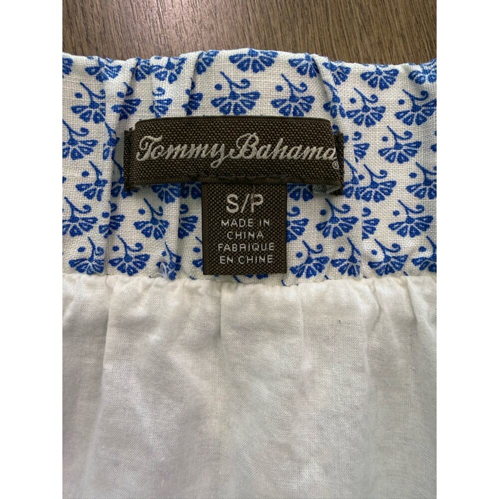 Tommy Bahama Linen Skirt Blue White Floral Border Print Elastic Waist Sz Small - Picture 6 of 8